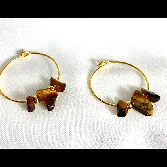 🤎💛TIGERS EYE (3 stone) Hoop Earrings💛🤎 - Picture 3 of 7